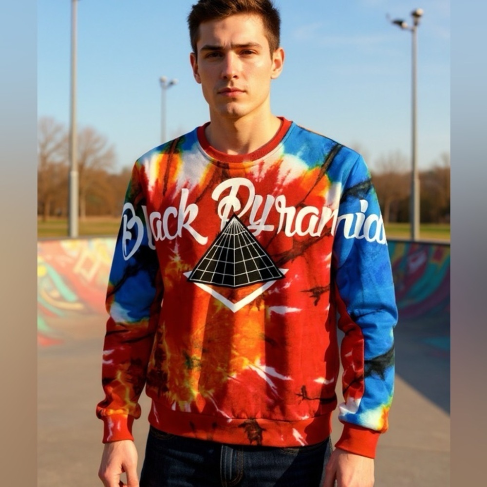 Black Pyramid 3XL Tie Dye  Streetwear Graphic Logo Bold Urban Hip Hop Crewneck
